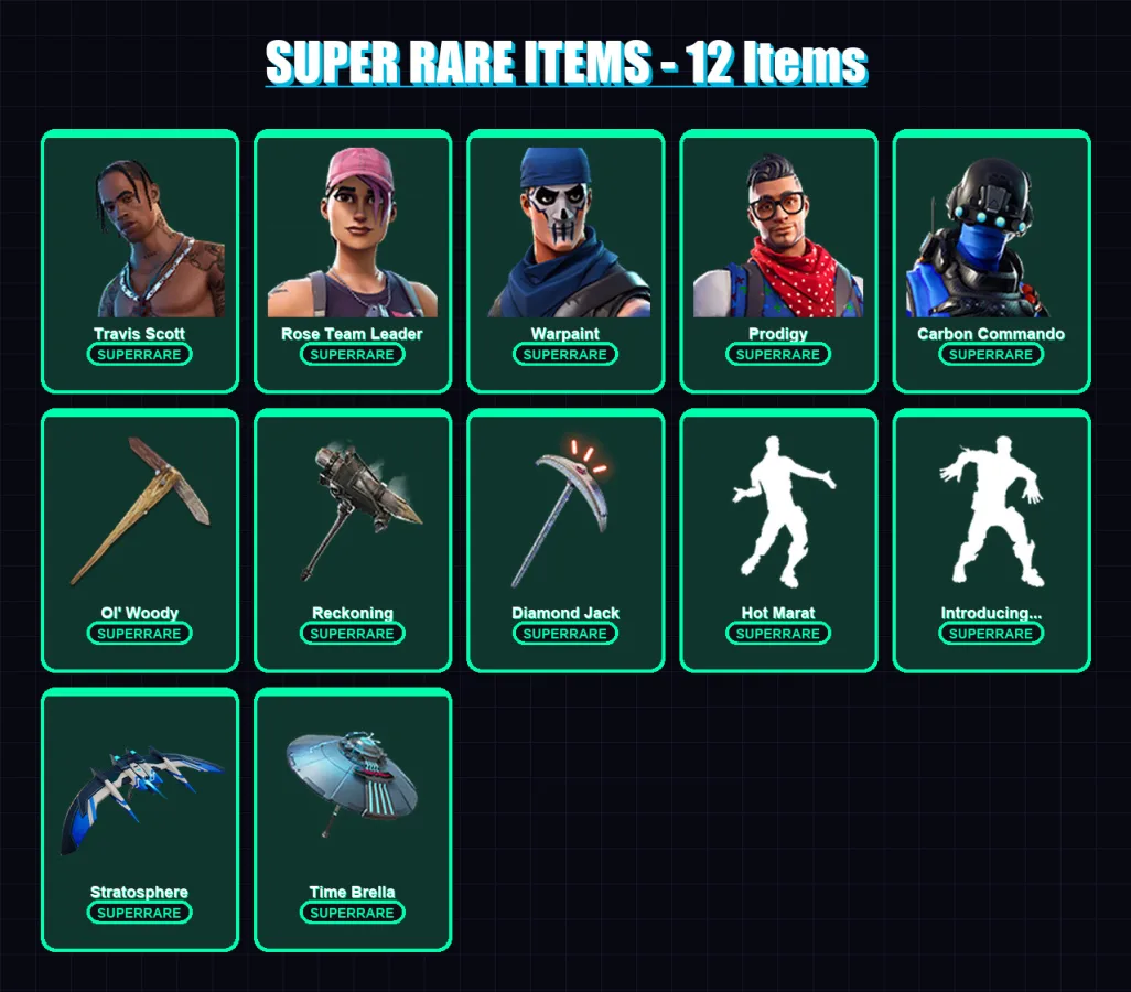 [PC] | Travis Scott | Rose Team Leader | Warpaint | Prodigy | Carbon Commando | 117 skin | 110 pickaxe | 101 emote | 100 glider | Lv1318 — Fortnite account