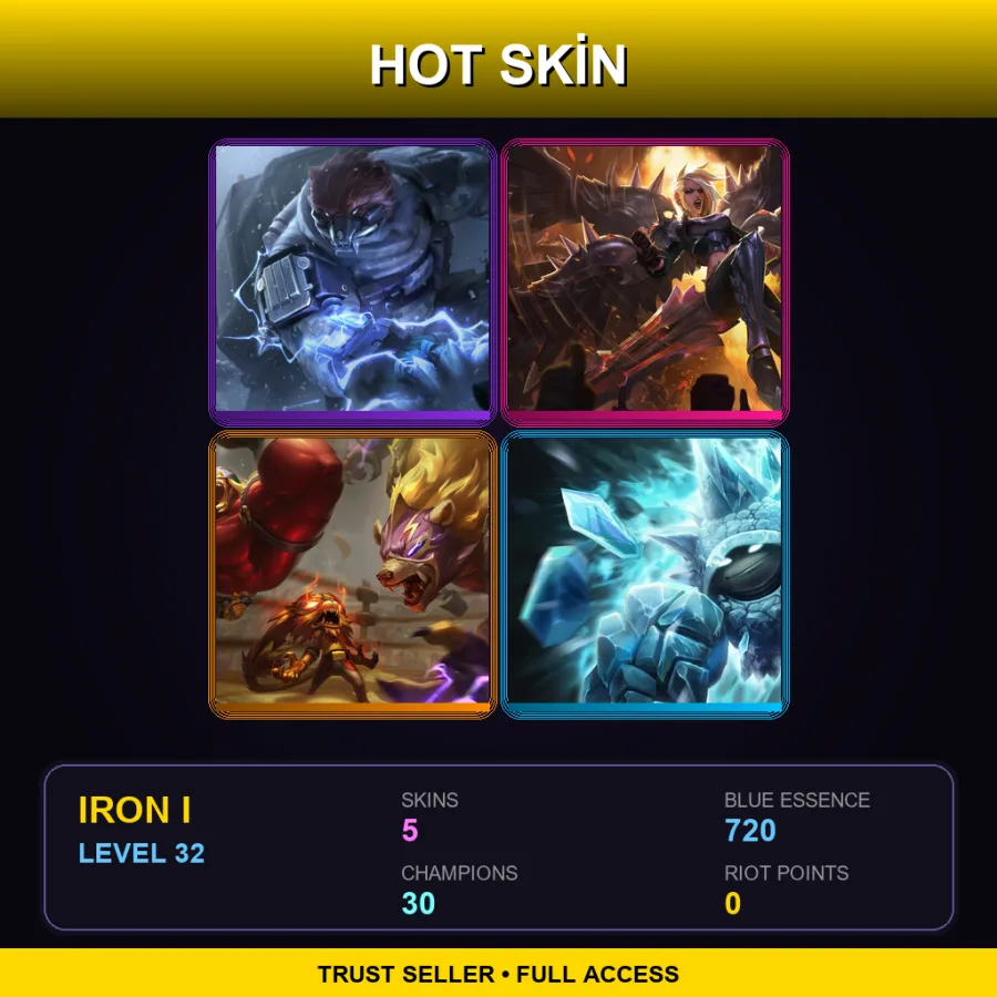 EUNE | Northern Storm Volibear | Pentakill Kayle | El Rayo Volibear | Freljord Rammus | 5 Skin | 30 Champ | Iron I | Lv32