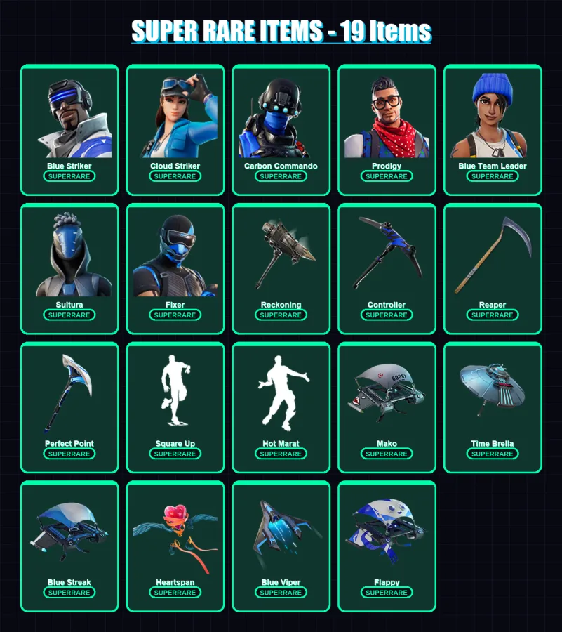 [PS4/PS5/XBOX/PC] | Blue Striker | Cloud Striker | Carbon Commando | Prodigy | Blue Team Leader | 68 skin | 80 pickaxe | 76 emote | 79 glider | Lv15 — Fortnite account