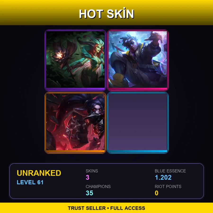 EUW | Lv61 | Unranked | 3 Skin | 35 Champ — LoL account