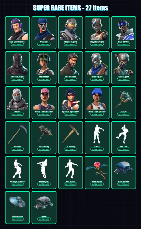 [PC/XBOX/PSN] | Sub Commander | Warpaint | Rogue Agent | Royale Knight | Blue Striker | 189 skin | 161 pickaxe | 147 emote | 167 glider | Lv2428 — Fortnite account