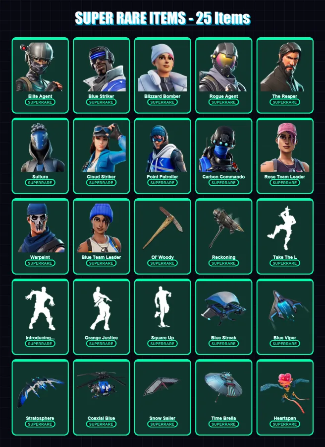 [PS4/PS5/XBOX/PC] | Elite Agent | Blue Striker | Blizzard Bomber | Rogue Agent | The Reaper | 86 skin | 79 pickaxe | 95 emote | 77 glider | Lv793