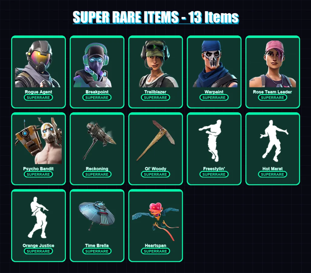 [PC/XBOX/PSN] | Rogue Agent | Breakpoint | Trailblazer | Warpaint | Rose Team Leader | 131 skin | 94 pickaxe | 110 emote | 92 glider | Lv1217