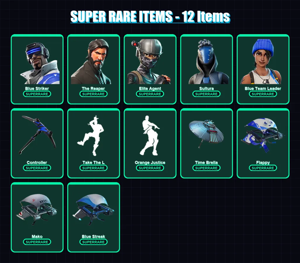 [PS4/PS5/XBOX/PC] | Blue Striker | The Reaper | Elite Agent | Sultura | Blue Team Leader | 33 skin | 56 pickaxe | 56 emote | 60 glider | Lv1042