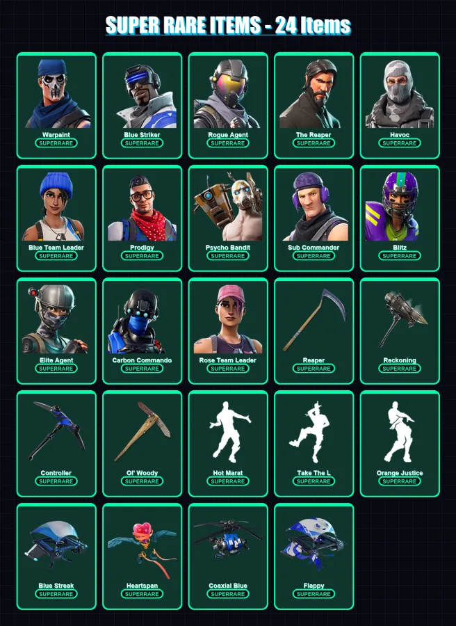 [PC/XBOX/PSN] | Warpaint | Blue Striker | Rogue Agent | The Reaper | Havoc | 95 skin | 133 pickaxe | 94 emote | 112 glider | Lv1960 — Fortnite account