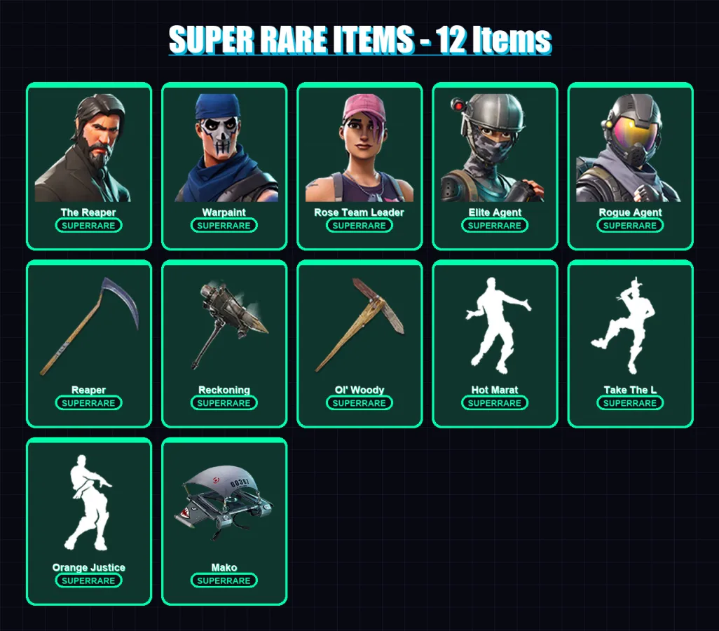 [PC/XBOX/PSN] | The Reaper | Warpaint | Rose Team Leader | Elite Agent | Rogue Agent | 37 skin | 28 pickaxe | 34 emote | 32 glider | Lv409