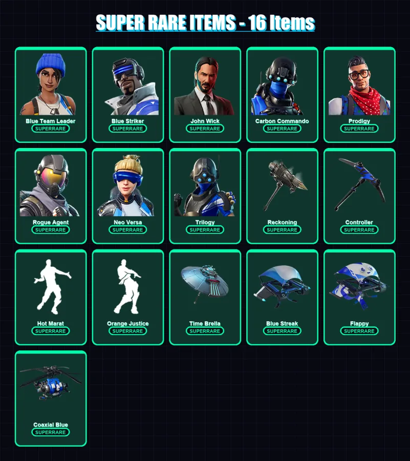 [PS4/PS5/XBOX/PC] | Blue Team Leader | Blue Striker | John Wick | Carbon Commando | Prodigy | 91 skin | 71 pickaxe | 117 emote | 75 glider | Lv1057