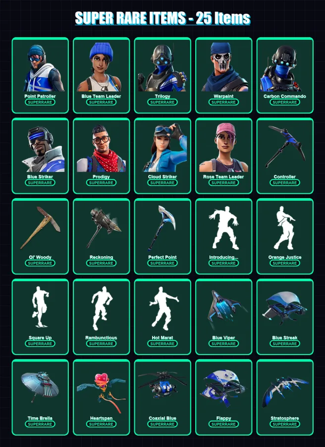 [PC/XBOX] | Point Patroller | Blue Team Leader | Trilogy | Warpaint | Carbon Commando | 99 skin | 108 pickaxe | 115 emote | 116 glider | Lv1671 — Fortnite account