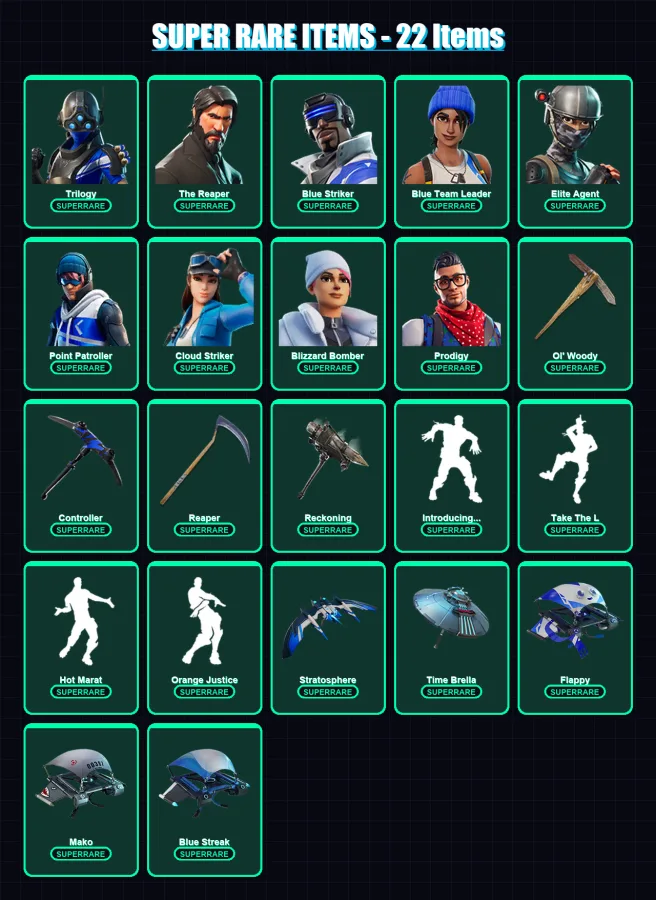 [PS4/PS5/XBOX/PC] | Trilogy | The Reaper | Blue Striker | Blue Team Leader | Elite Agent | 100 skin | 101 pickaxe | 93 emote | 106 glider | Lv1834