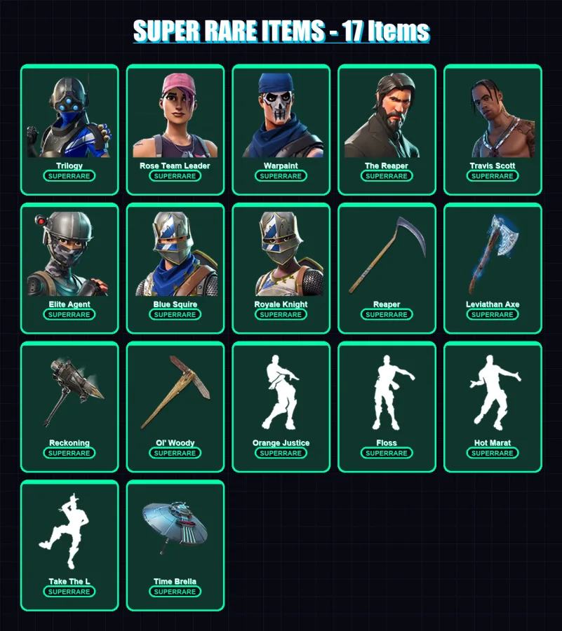 [PS4/PS5/XBOX/PC] | Trilogy | Rose Team Leader | Warpaint | The Reaper | Travis Scott | 124 skin | 145 pickaxe | 116 emote | 143 glider | Lv2103