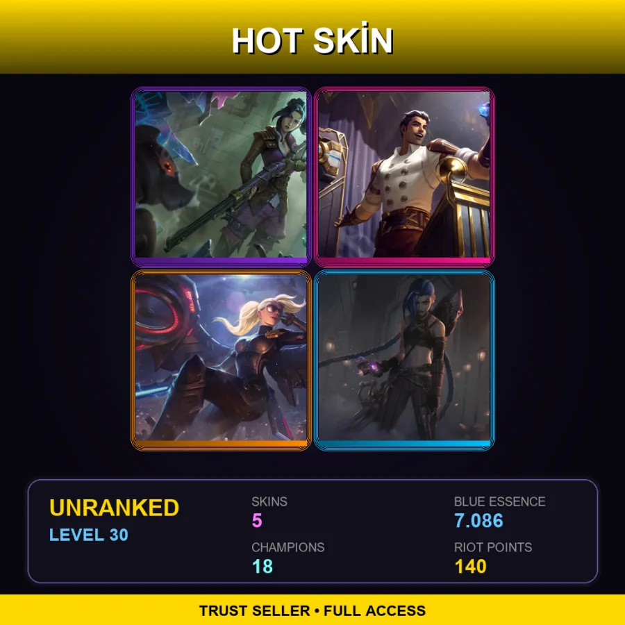 NA | Arcane Enforcer Caitlyn | Arcane Inventor Jayce | Riot Kayle | Arcane Enemy Jinx | 5 Skin | 18 Champ | Lv30