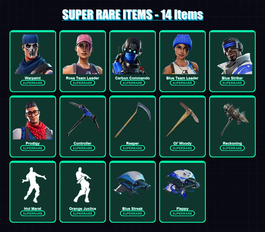 [PC/PSN] | Warpaint | Rose Team Leader | Carbon Commando | Blue Team Leader | Blue Striker | 23 skin | 26 pickaxe | 35 emote | 40 glider | Lv601
