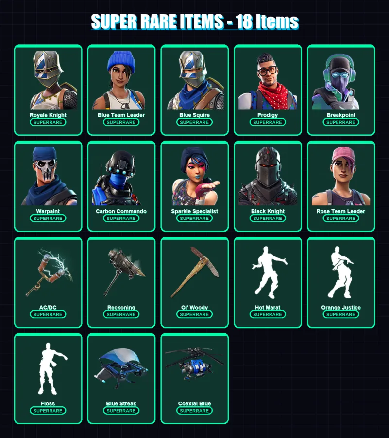 [PC/XBOX] | Royale Knight | Blue Team Leader | Blue Squire | Prodigy | Breakpoint | 63 skin | 64 pickaxe | 96 emote | 75 glider | Lv1249