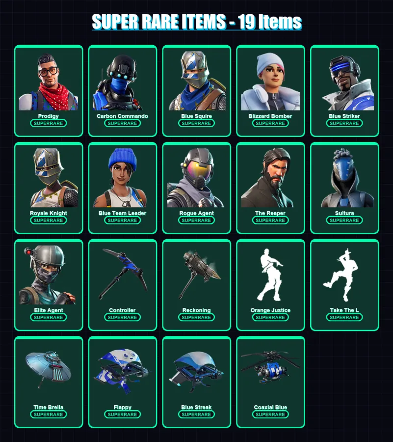 [PC/XBOX] | Prodigy | Carbon Commando | Blue Squire | Blizzard Bomber | Blue Striker | 61 skin | 62 pickaxe | 52 emote | 62 glider | Lv777