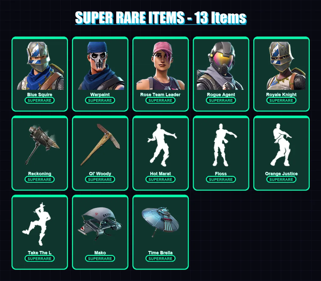 [PC/XBOX] | Blue Squire | Warpaint | Rose Team Leader | Rogue Agent | Royale Knight | 124 skin | 110 pickaxe | 129 emote | 119 glider | Lv1736