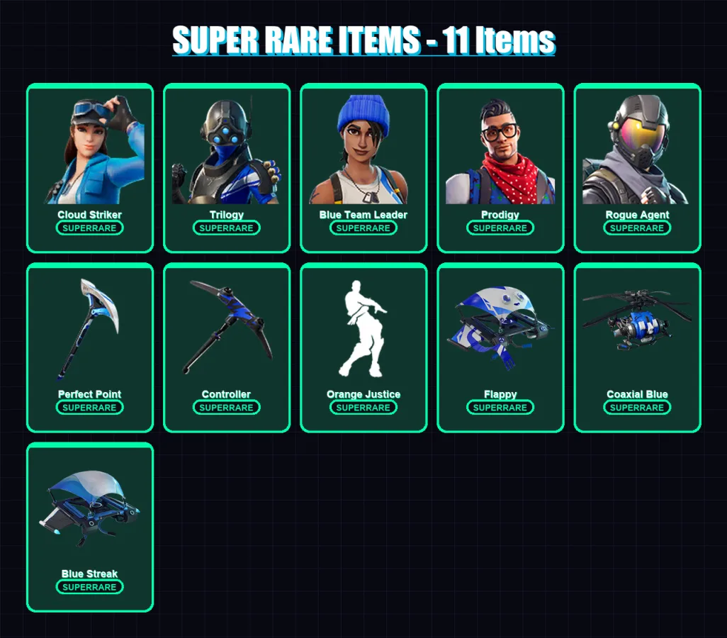 [PS4/PS5/XBOX/PC] | Cloud Striker | Trilogy | Blue Team Leader | Prodigy | Rogue Agent | 19 skin | 20 pickaxe | 29 emote | 29 glider | Lv417