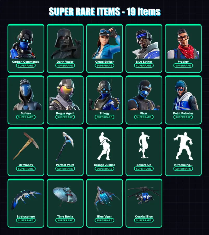 [SWITCH/XBOX/PC] | Carbon Commando | Darth Vader | Cloud Striker | Blue Striker | Prodigy | 152 skin | 223 pickaxe | 196 emote | 170 glider | Lv2949