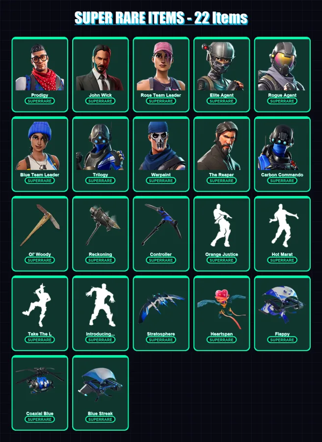 [PS4/PS5/XBOX/PC] | Prodigy | John Wick | Rose Team Leader | Elite Agent | Rogue Agent | 137 skin | 143 pickaxe | 169 emote | 130 glider | Lv2004