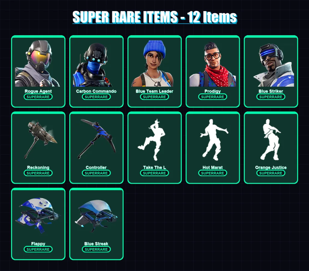 [PS4/PS5/XBOX/PC] | Rogue Agent | Carbon Commando | Blue Team Leader | Prodigy | Blue Striker | 41 skin | 22 pickaxe | 35 emote | 35 glider | Lv371