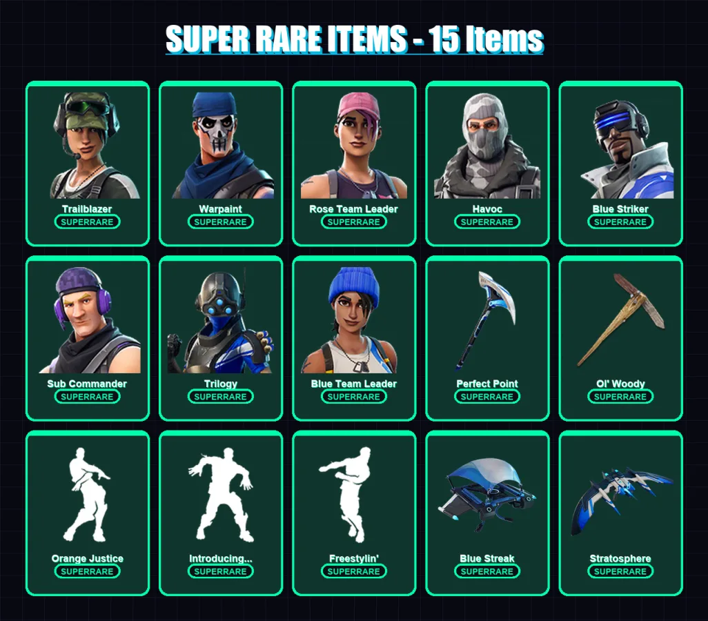 [PS4/PS5/XBOX/PC] | Trailblazer | Warpaint | Rose Team Leader | Havoc | Blue Striker | 17 skin | 22 pickaxe | 22 emote | 21 glider | Lv200