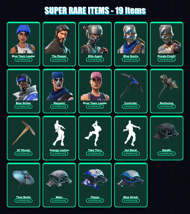 [PC/XBOX/PSN] | Blue Team Leader | The Reaper | Elite Agent | Blue Squire | Royale Knight | 88 skin | 103 pickaxe | 103 emote | 113 glider | Lv1443