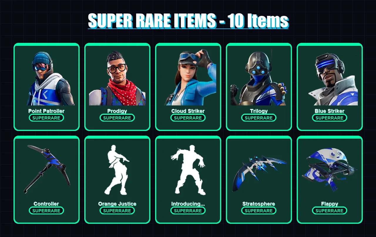 [PC/XBOX/PSN] | Point Patroller | Prodigy | Cloud Striker | Trilogy | Blue Striker | 57 skin | 82 pickaxe | 59 emote | 85 glider | Lv1289
