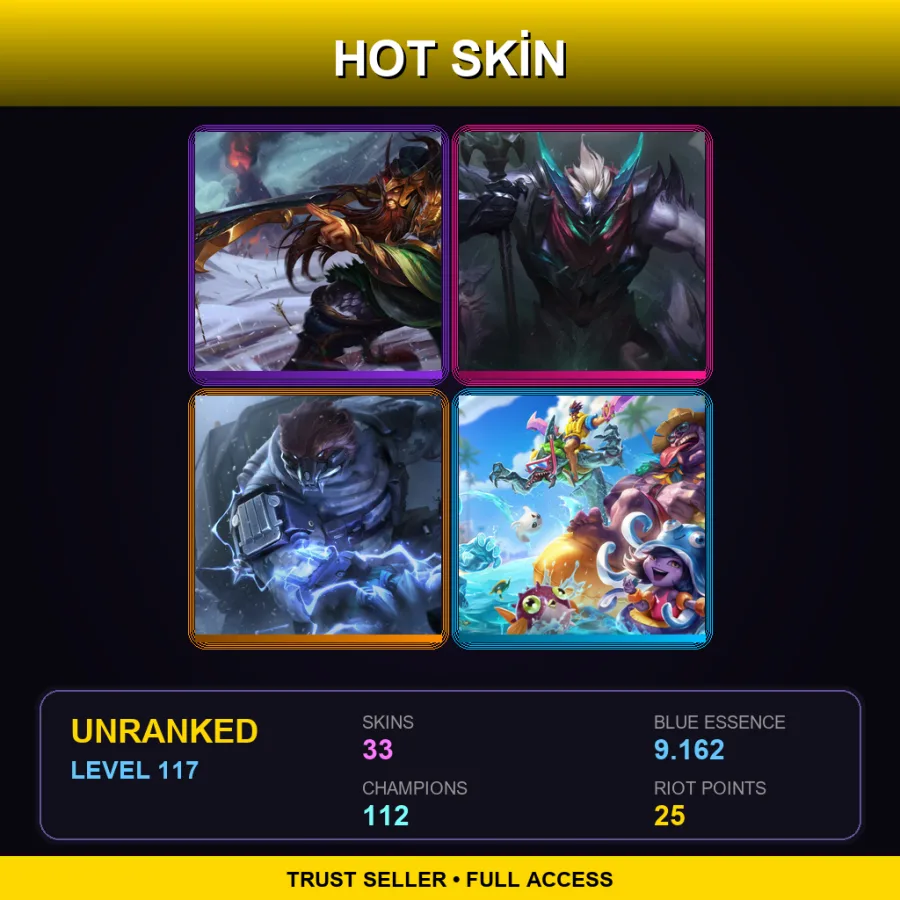 LAS | Lv117 | Unranked | 33 Skin | 112 Champ — LoL account