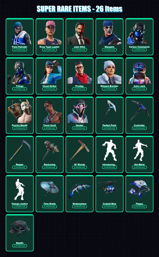 [PC] | Point Patroller | Rose Team Leader | John Wick | Warpaint | Carbon Commando | 270 skin | 195 pickaxe | 233 emote | 156 glider | Lv1640