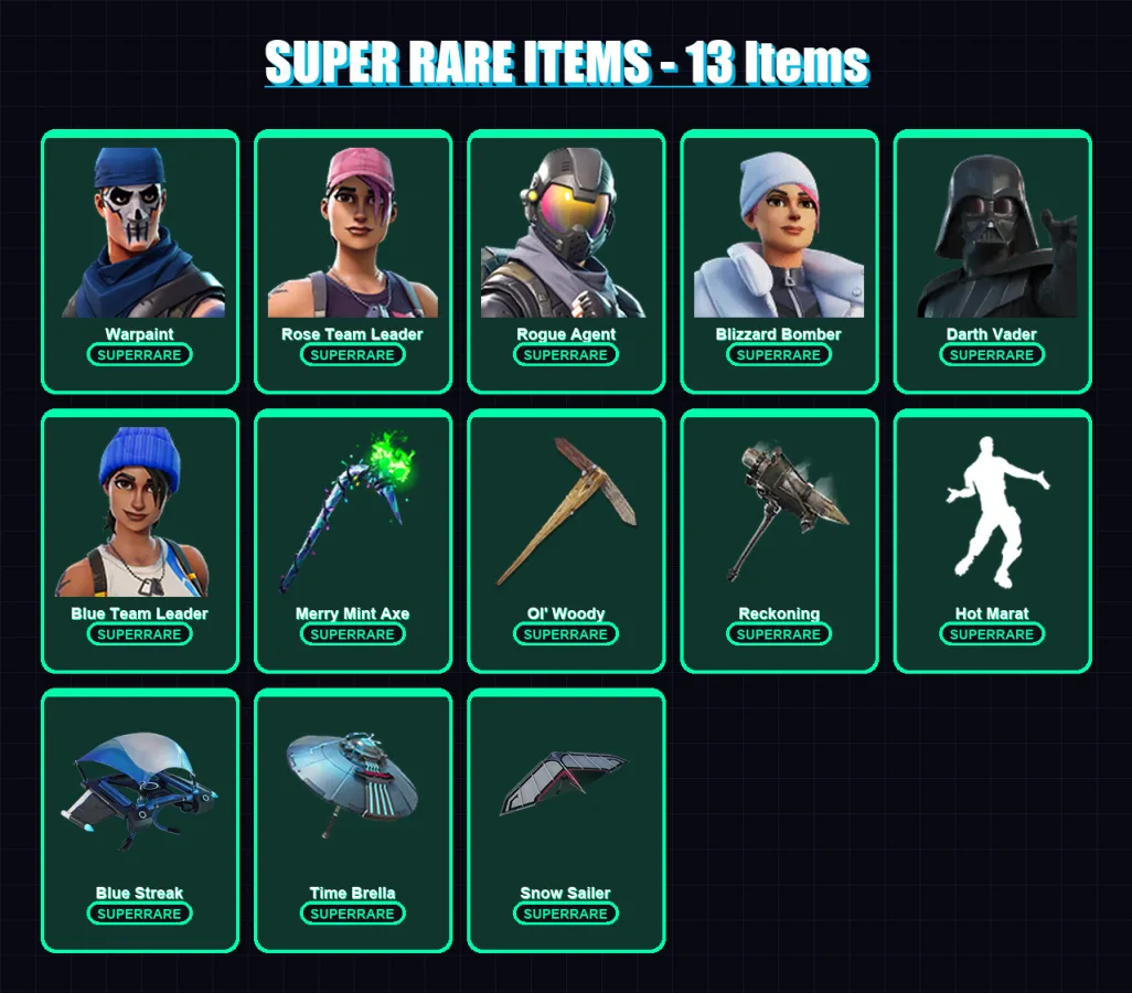 [PC/XBOX] | Warpaint | Rose Team Leader | Rogue Agent | Blizzard Bomber | Darth Vader | 242 skin | 241 pickaxe | 206 emote | 188 glider | Lv2933