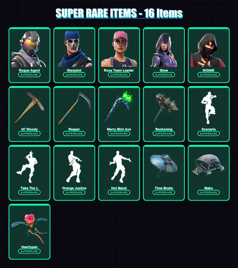 [PC/XBOX/PSN] | Rogue Agent | Warpaint | Rose Team Leader | Glow | IKONIK | 101 skin | 100 pickaxe | 109 emote | 93 glider | Lv1493