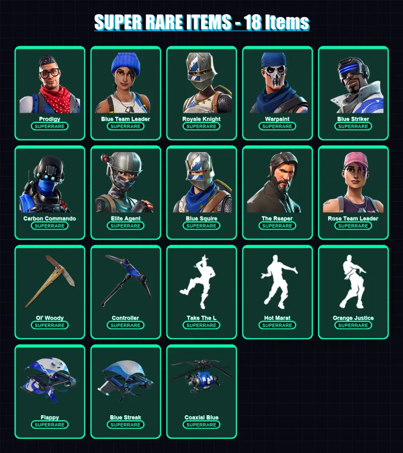 [PC/XBOX] | Prodigy | Blue Team Leader | Royale Knight | Warpaint | Blue Striker | 61 skin | 108 pickaxe | 80 emote | 96 glider | Lv1712
