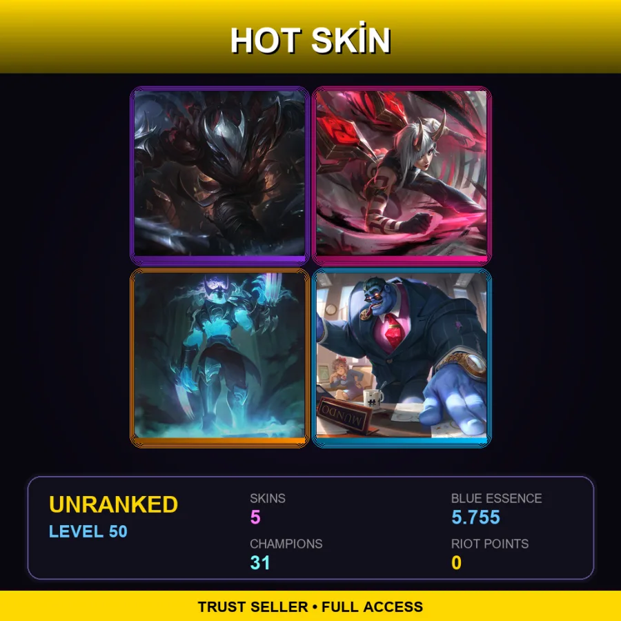 EUW | Lv50 | Unranked | 5 Skin | 31 Champ — LoL account