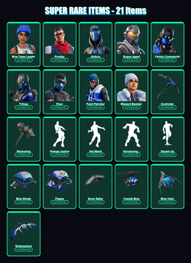 [PC/XBOX/PSN] | Blue Team Leader | Prodigy | Sultura | Rogue Agent | Carbon Commando | 69 skin | 69 pickaxe | 84 emote | 77 glider | Lv961 — Fortnite account