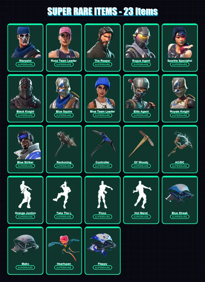 [PC] | Warpaint | Rose Team Leader | The Reaper | Rogue Agent | Sparkle Specialist | 91 skin | 109 pickaxe | 100 emote | 118 glider | Lv1942