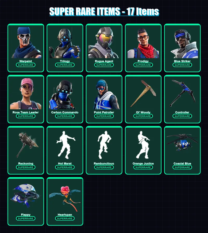 [PC/XBOX] | Warpaint | Trilogy | Rogue Agent | Prodigy | Blue Striker | 79 skin | 60 pickaxe | 104 emote | 72 glider | Lv966