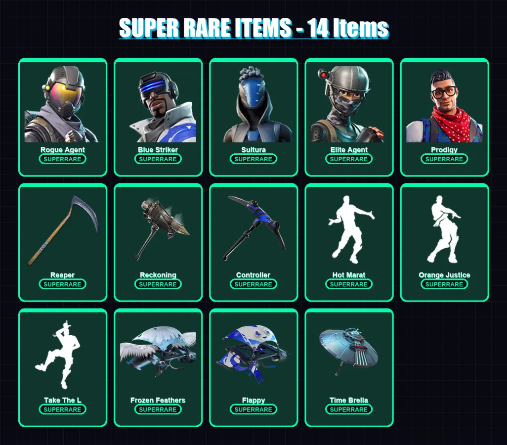 [PC] | Rogue Agent | Blue Striker | Sultura | Elite Agent | Prodigy | 86 skin | 96 pickaxe | 68 emote | 87 glider | Lv1380 — Fortnite account
