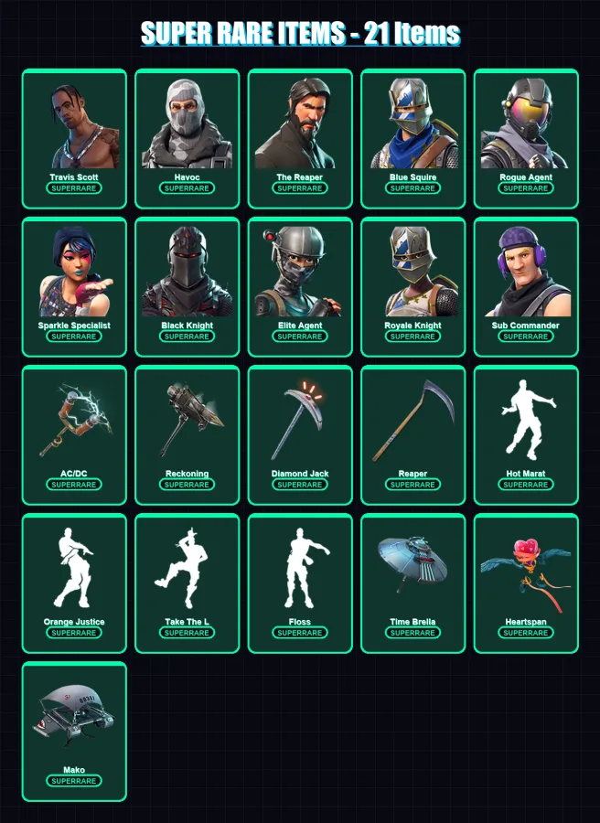 [PS4/PS5/XBOX/PC] | Travis Scott | Havoc | The Reaper | Blue Squire | Rogue Agent | 74 skin | 69 pickaxe | 82 emote | 82 glider | Lv1336