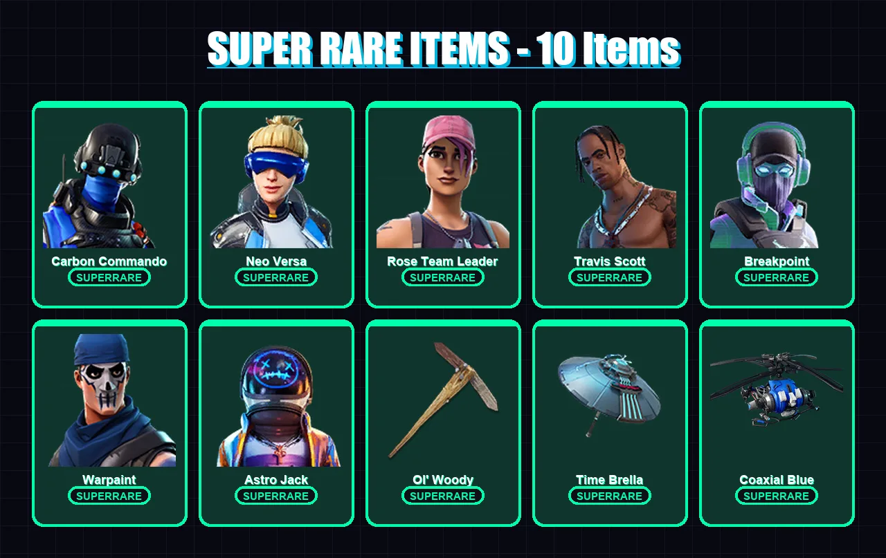 [PC/XBOX] | Carbon Commando | Neo Versa | Rose Team Leader | Travis Scott | Breakpoint | 80 skin | 73 pickaxe | 79 emote | 70 glider | Lv1096