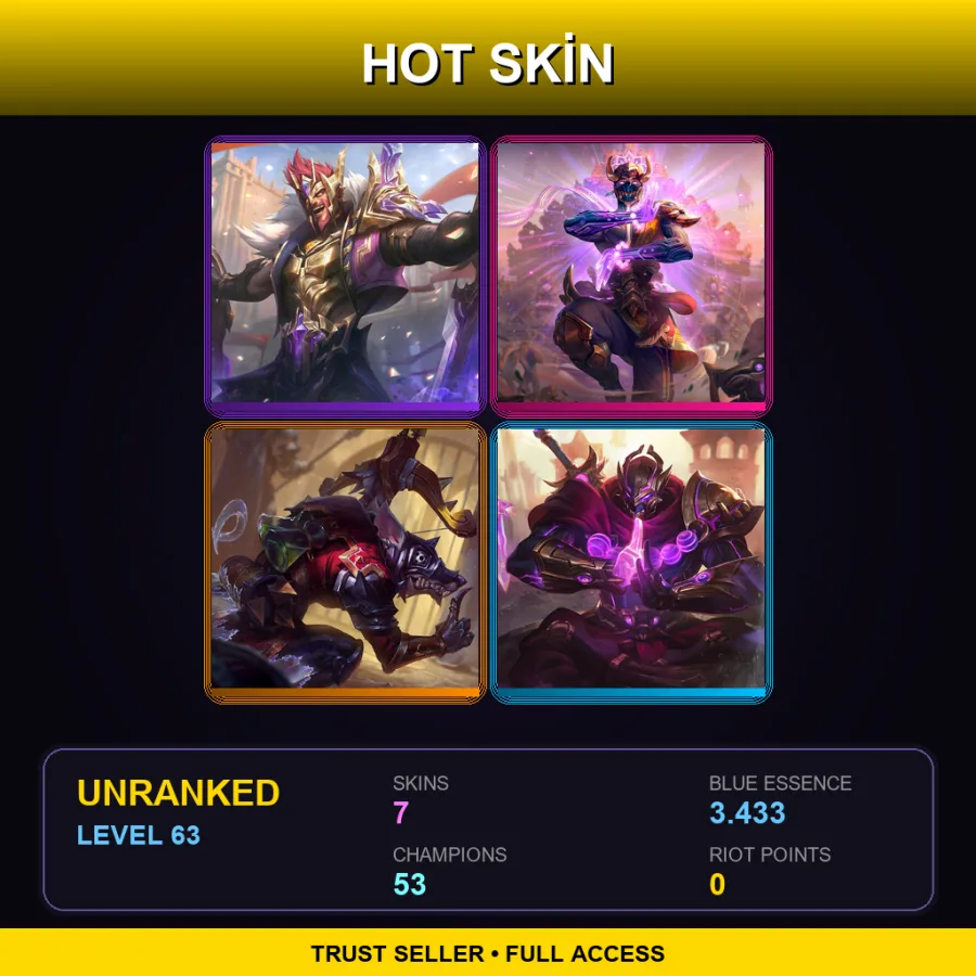 LAN | Lv63 | Unranked | 7 Skin | 53 Champ — Three Honors Akshan