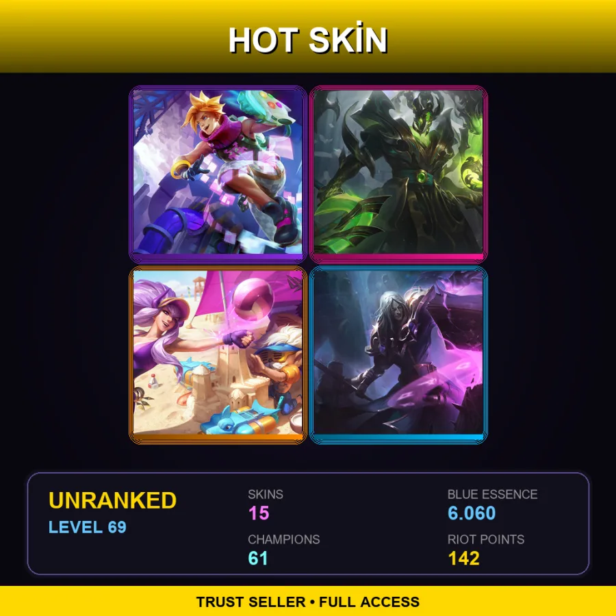 OCE | Arcade Ezreal | Steel Dragon Thresh | Pool Party Heimerdinger | Karthus Lightsbane | 15 Skin | 61 Champ | Lv69