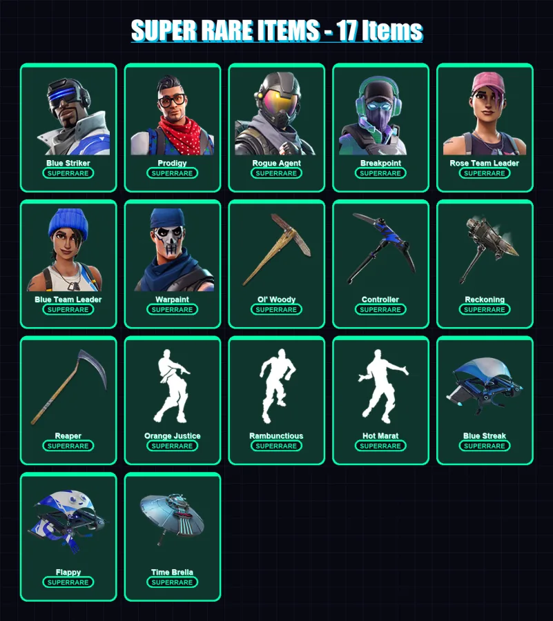[PC/XBOX/PSN] | Blue Striker | Prodigy | Rogue Agent | Breakpoint | Rose Team Leader | 96 skin | 108 pickaxe | 119 emote | 105 glider | Lv1621