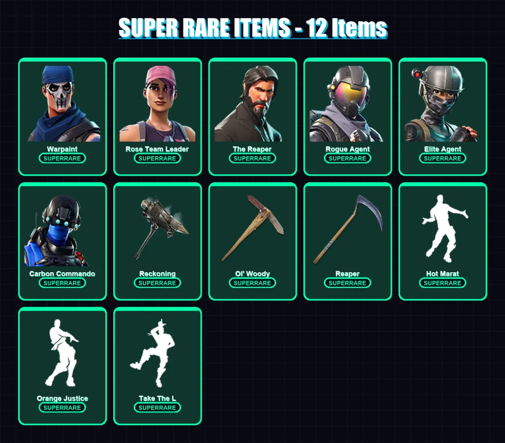 [PC/XBOX/PSN] | Warpaint | Rose Team Leader | The Reaper | Rogue Agent | Elite Agent | 112 skin | 102 pickaxe | 101 emote | 92 glider | Lv1427