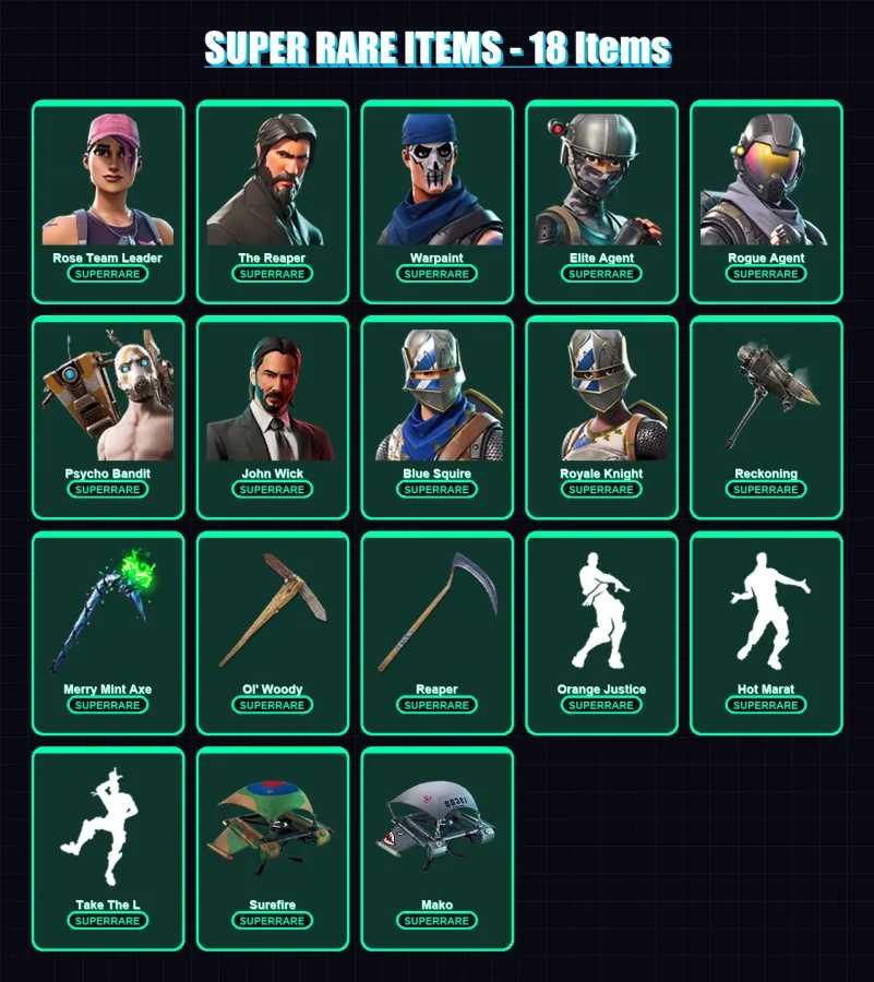 [PC/XBOX/PSN] | Rose Team Leader | The Reaper | Warpaint | Elite Agent | Rogue Agent | 165 skin | 83 pickaxe | 106 emote | 84 glider | Lv1045