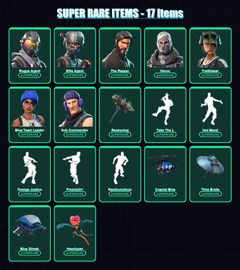 [PC] | Rogue Agent | Elite Agent | The Reaper | Havoc | Trailblazer | 98 skin | 73 pickaxe | 108 emote | 94 glider | Lv1523 — Fortnite account