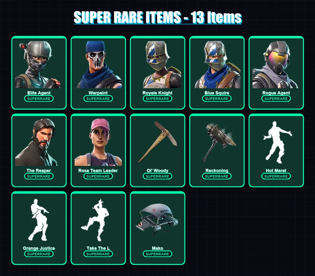 [PS4/PS5/PC] | Elite Agent | Warpaint | Royale Knight | Blue Squire | Rogue Agent | 61 skin | 68 pickaxe | 73 emote | 66 glider | Lv1002