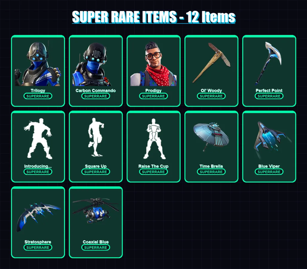 [PC] | Trilogy | Carbon Commando | Prodigy | Sorana | Hybrid | 63 skin | 84 pickaxe | 72 emote | 72 glider | Lv982