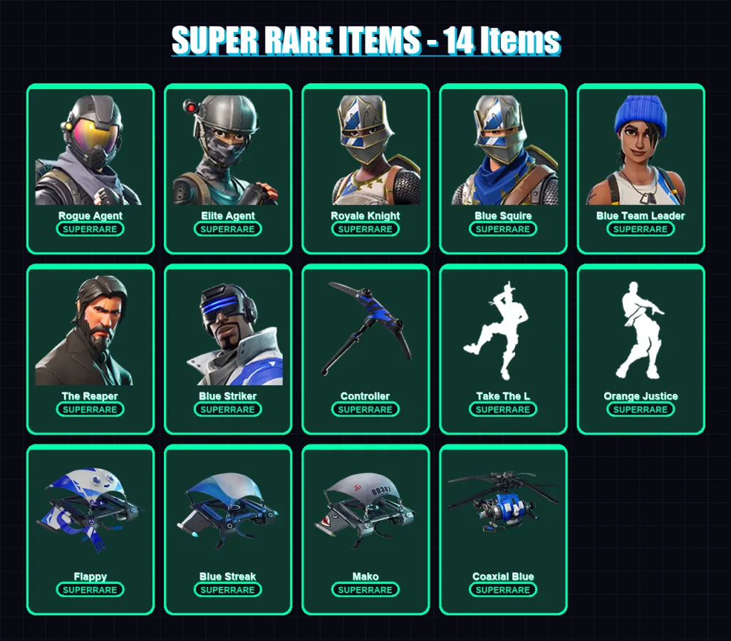 [PS4/PS5/XBOX/PC] | Rogue Agent | Elite Agent | Royale Knight | Blue Squire | Blue Team Leader | 19 skin | 14 pickaxe | 16 emote | 23 glider | Lv259