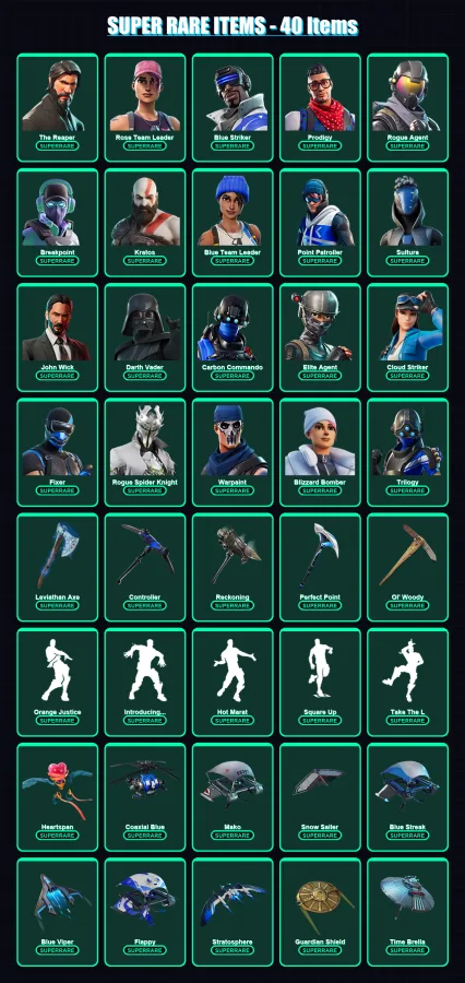[PC] | The Reaper | Rose Team Leader | Blue Striker | Prodigy | Rogue Agent | 541 skin | 460 pickaxe | 366 emote | 305 glider | Lv4256