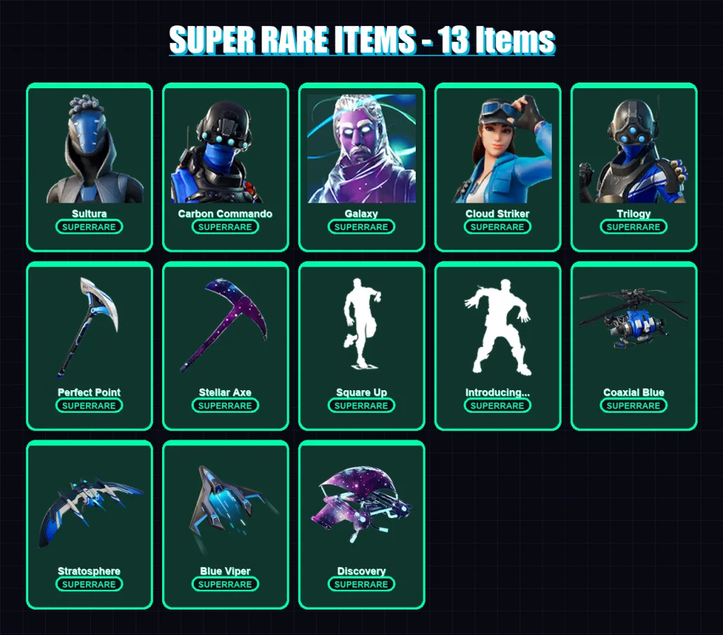 [PS4/PS5/XBOX/PC] | Sultura | Carbon Commando | Galaxy | Cloud Striker | Trilogy | 10 skin | 32 pickaxe | 22 emote | 27 glider | Lv413