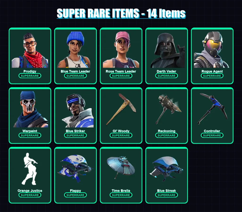 [SWITCH/XBOX/PC] | Prodigy | Blue Team Leader | Rose Team Leader | Darth Vader | Rogue Agent | 98 skin | 119 pickaxe | 90 emote | 104 glider | Lv179
